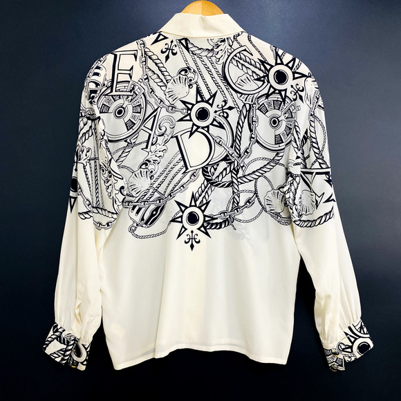 Escada By Margaretha Ley Blouse Women's Size 38 Beige Nautical Print Button Up - Picture 3 of 13